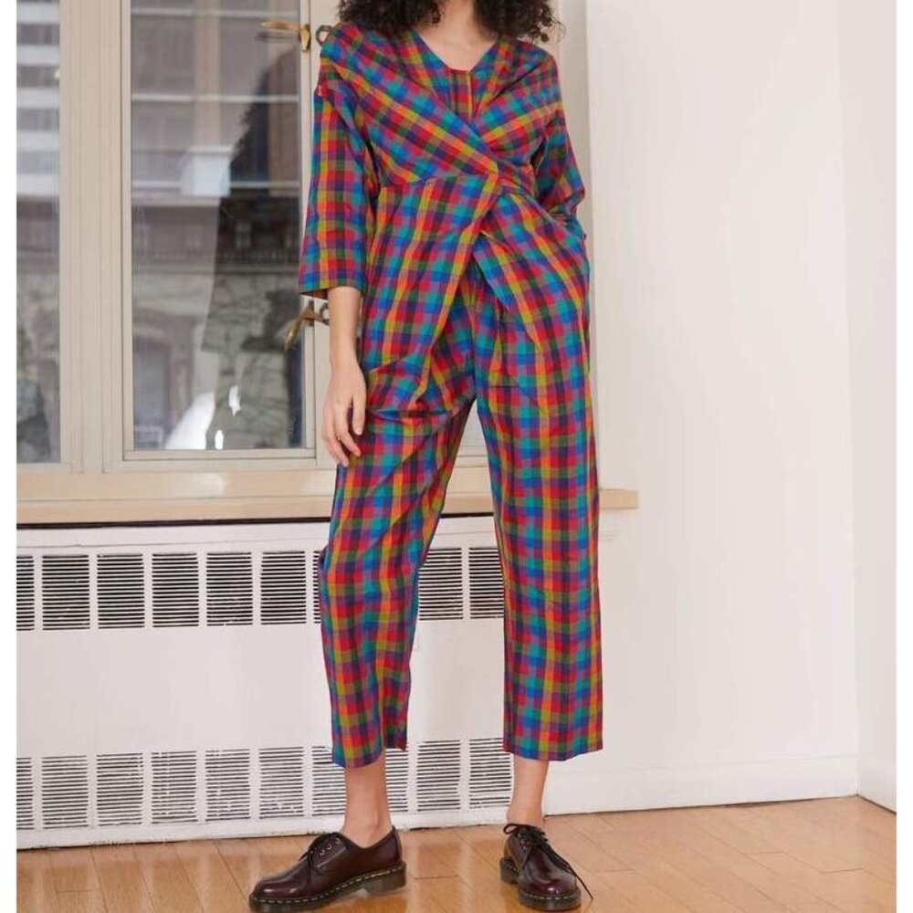 Rujuta Sheth Venus Bright Multi Color Mini Check Tie Front 3/4 Sleeve Jumpsuit